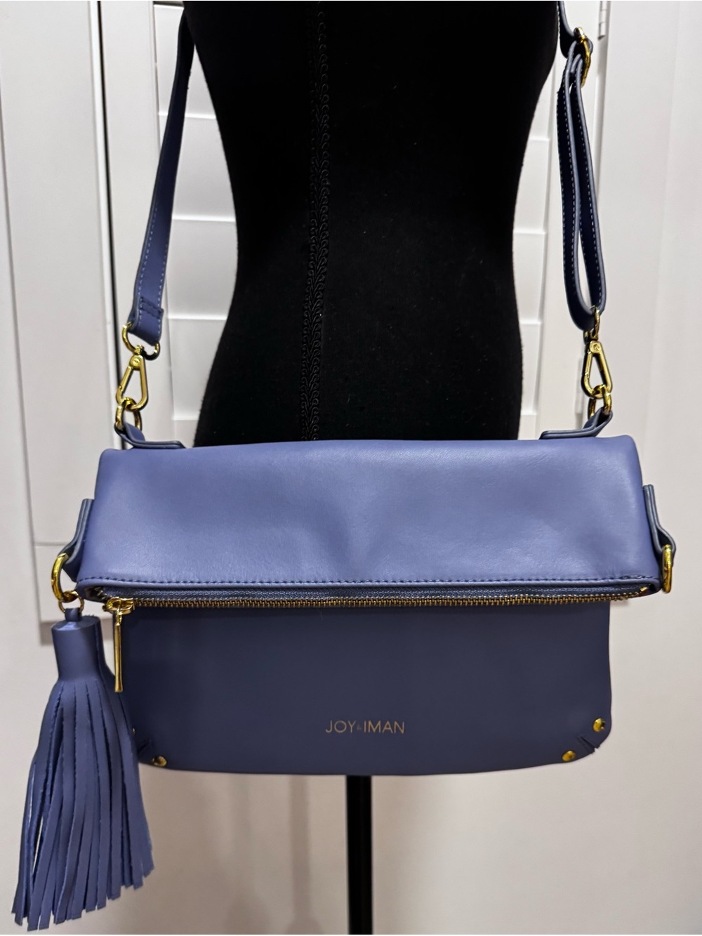JOY & IMAN Periwinkle Genuine Leather Foldover Crossbody Tassel Bag